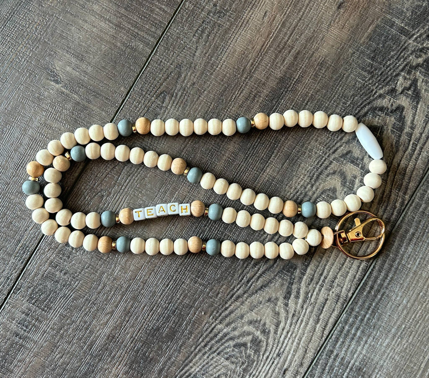 Teach Grey and Wood Beaded Lanyard