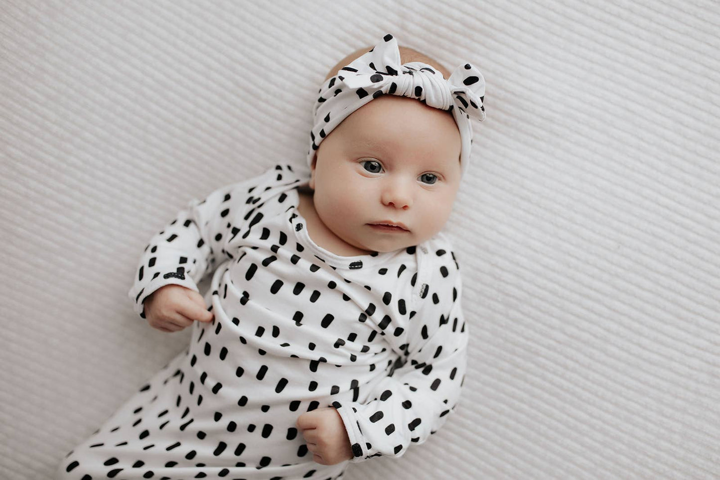 Black & White Poka Dot Knotted Gown: Gown & Hat