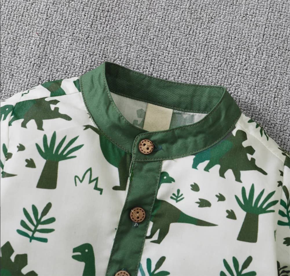 Green Dinosaur Print Henley Shirt & Shorts 2pcs Boy Outfit