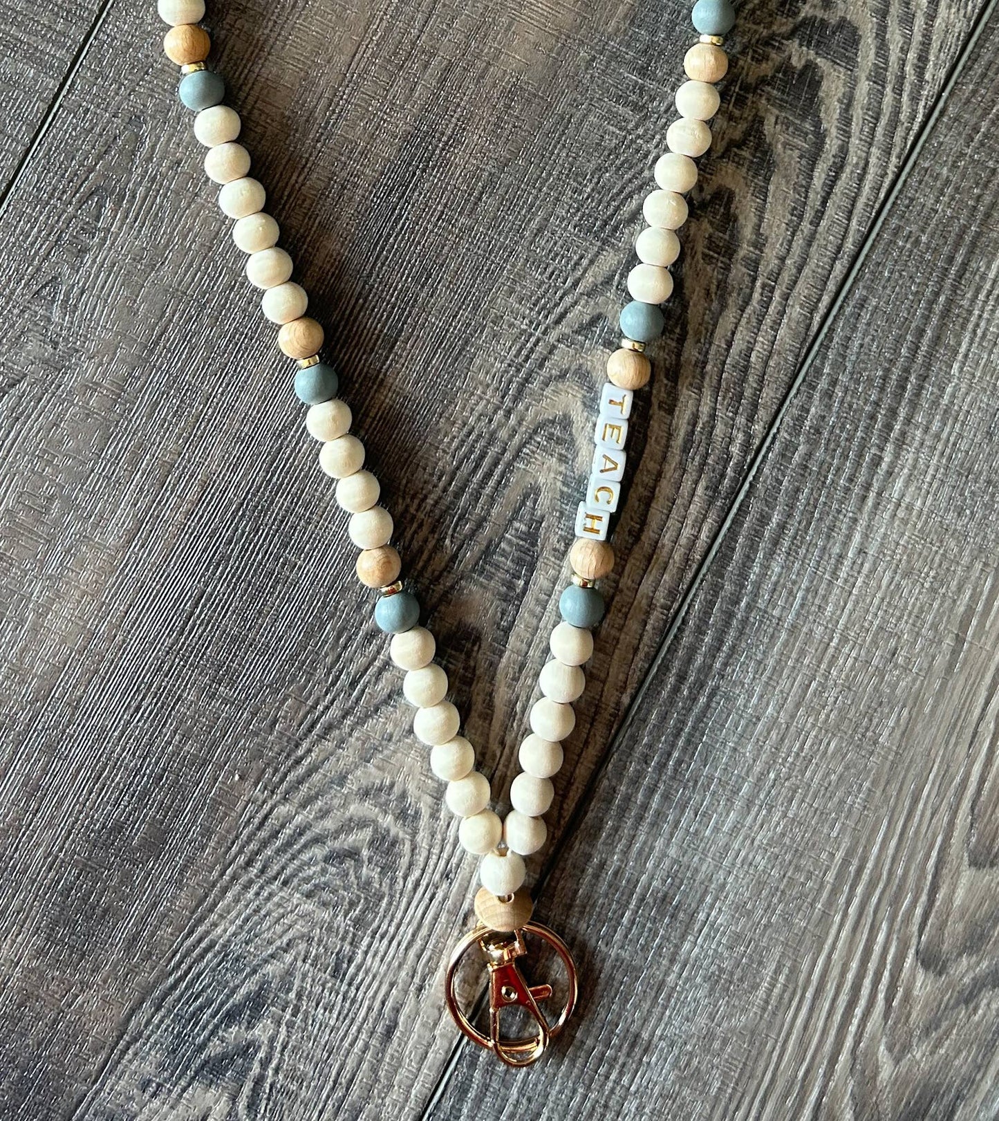 Teach Grey and Wood Beaded Lanyard