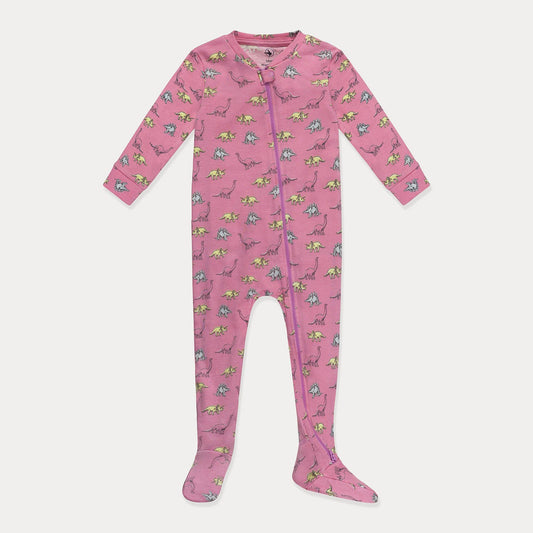 Footed Baby Pajamas Ribbed Cotton: Pink Dino