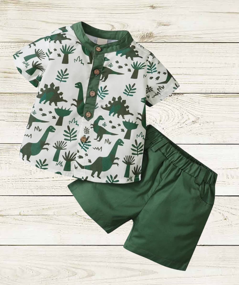 Green Dinosaur Print Henley Shirt & Shorts 2pcs Boy Outfit