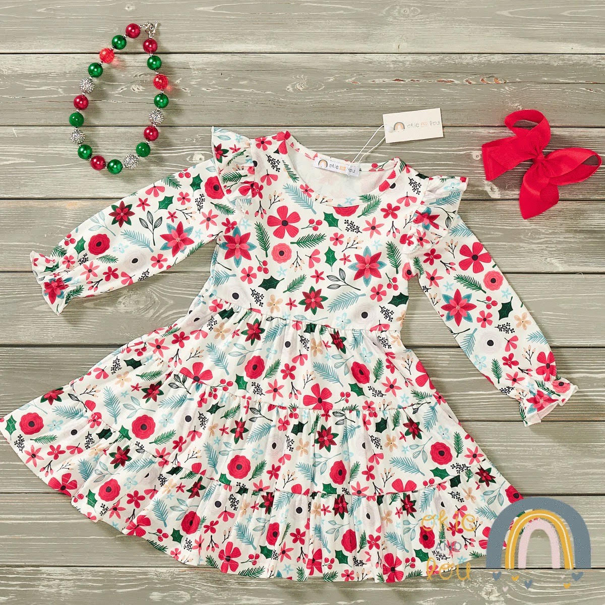 poinsettia christmas dress Poinsettia Print Bamboo Girls Christmas Twirl Dress 9/10