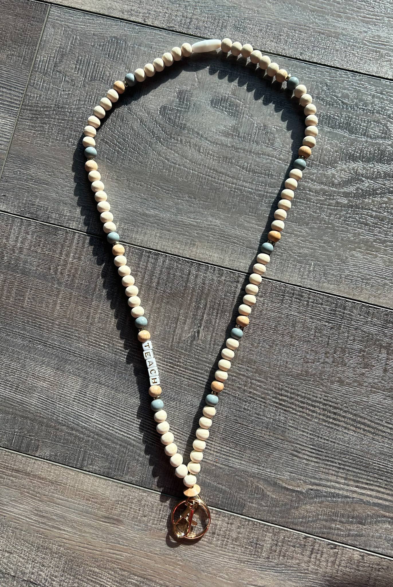 Teach Grey and Wood Beaded Lanyard