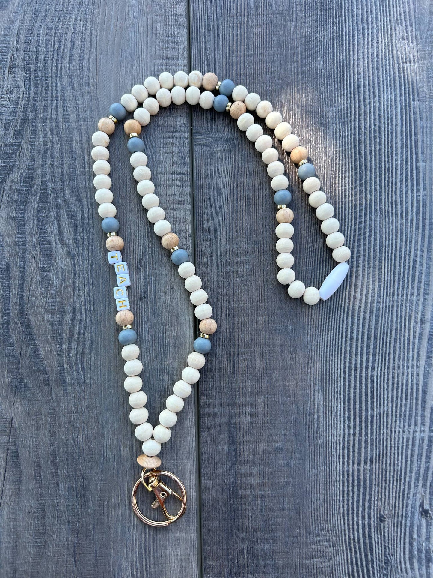Teach Grey and Wood Beaded Lanyard