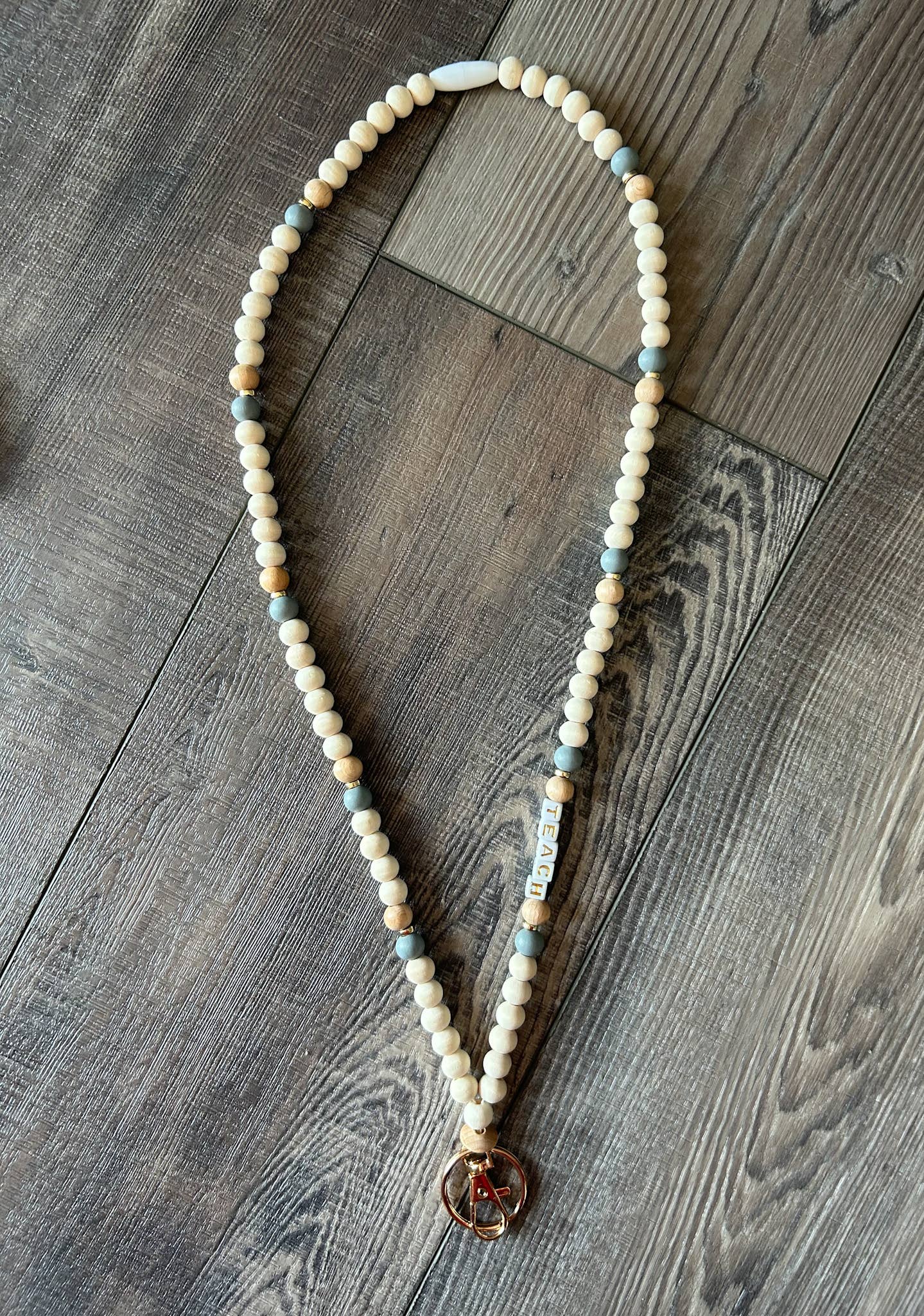 Teach Grey and Wood Beaded Lanyard