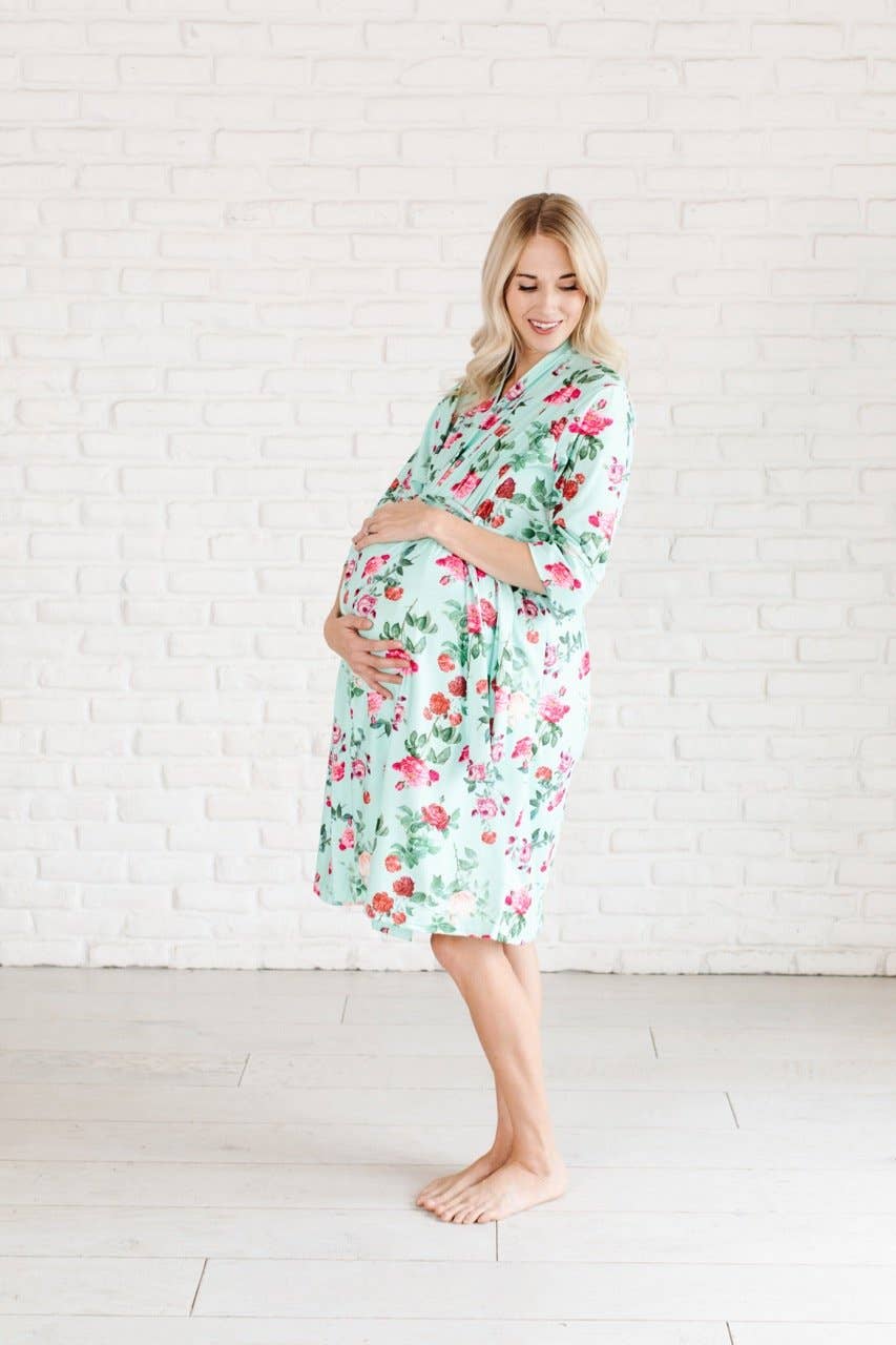 Teal Rose Mommy Robe & Matching Baby Gown/Bow Headband