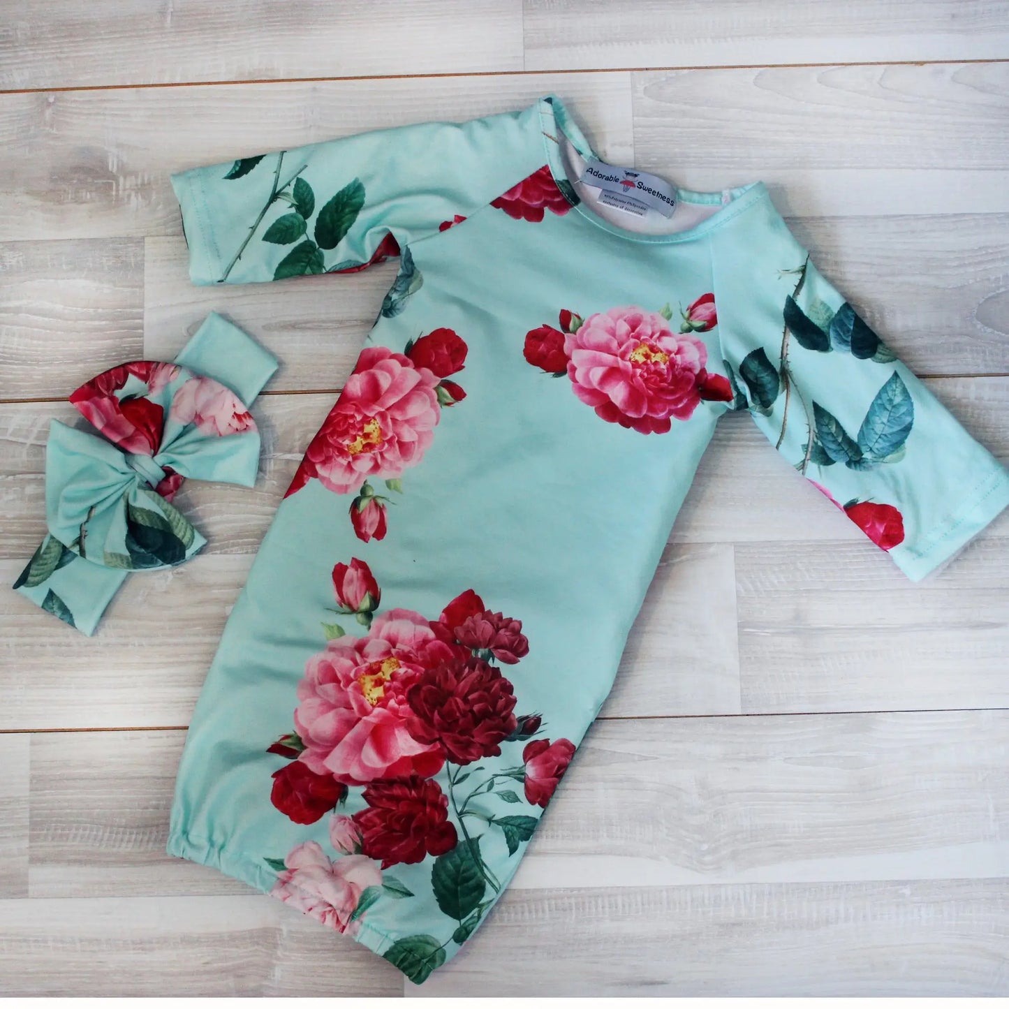 Teal Rose Mommy Robe & Matching Baby Gown/Bow Headband