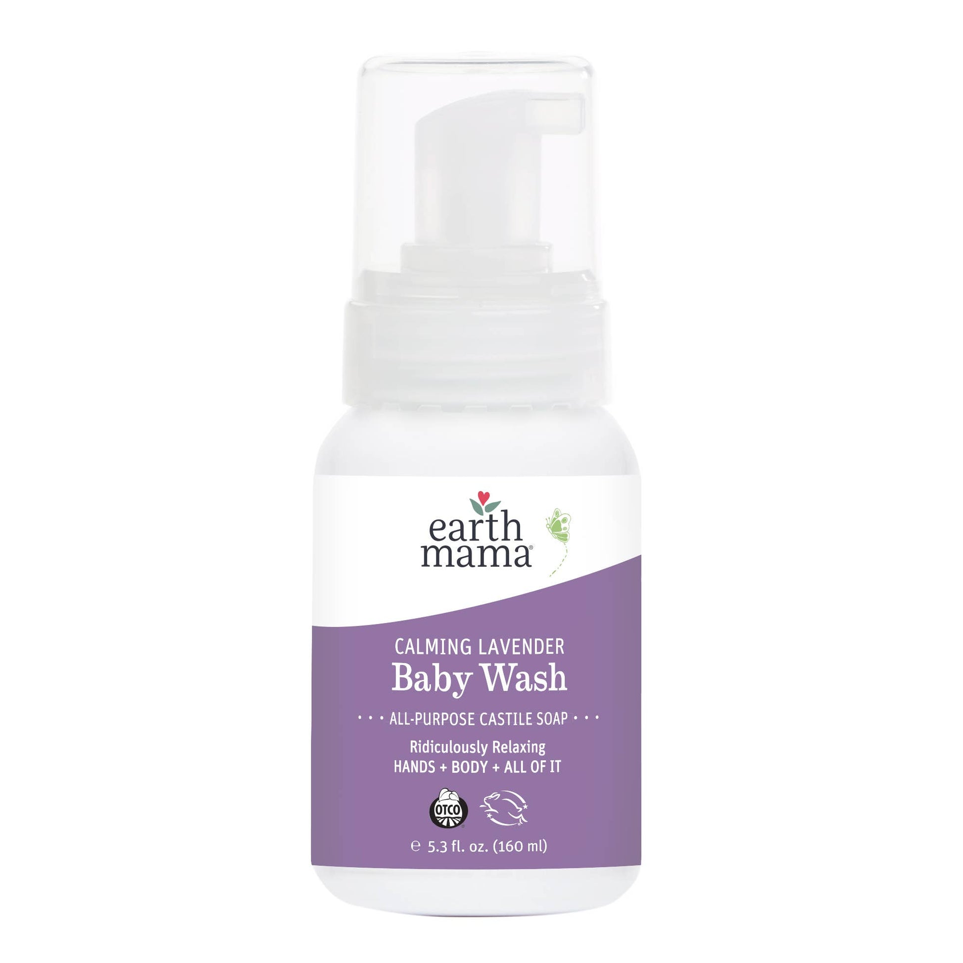 This is Earth Mama's Calming Lavender Baby Wash All Purpose Castile Soap. Ridiculously Relaxing Hands + Body + All of It. 5.3 fl oz.