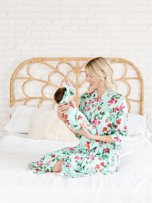 Teal Rose Mommy Robe & Matching Baby Gown/Bow Headband