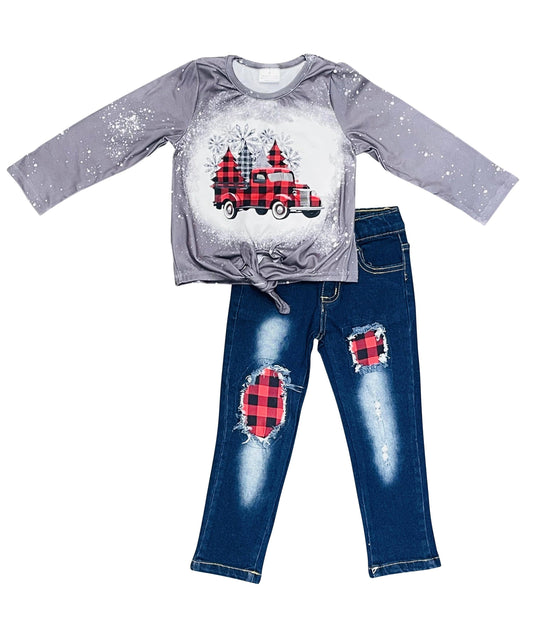 Buffalo Plaid Bleached Denim Pant Set
