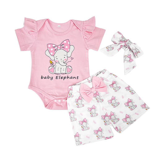 Elephant Pink Bodysuit, Shorts & Headband 3pcs Baby Girl Set
