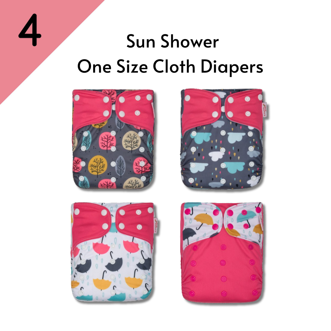 One Size Printed Snap Cloth Diaper 4-Theme Pack: Yellow Rainbow / With 8 Microfiber Inserts