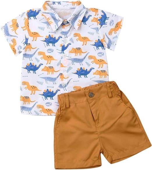 Dinosaur Print Button-Up Shirt & Camel Short 2pcs Boy Outfit