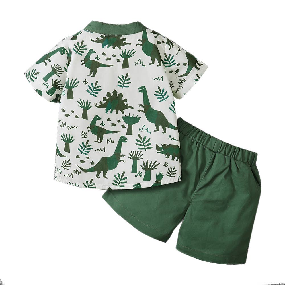 Green Dinosaur Print Henley Shirt & Shorts 2pcs Boy Outfit