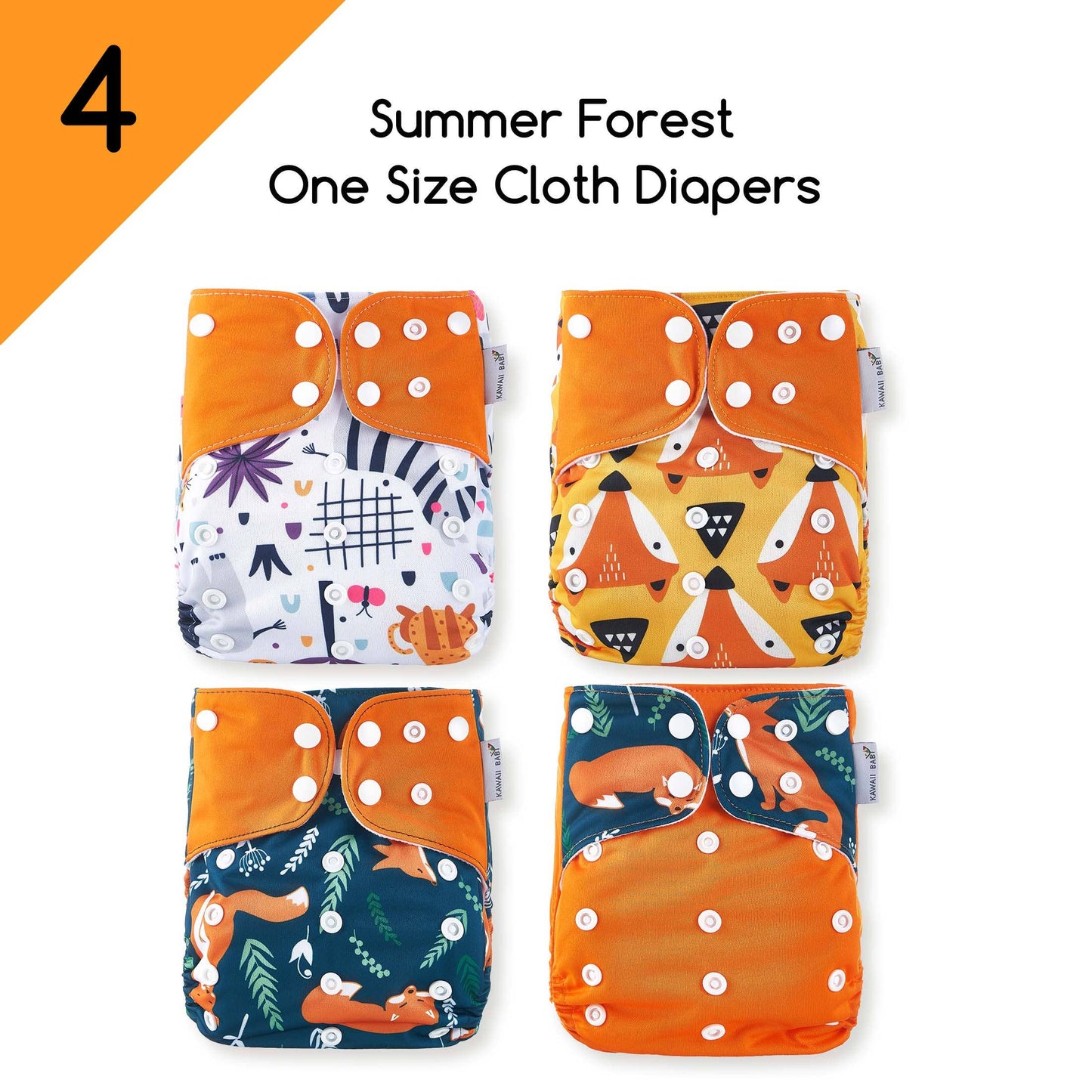 One Size Printed Snap Cloth Diaper 4-Theme Pack: Yellow Rainbow / With 8 Microfiber Inserts