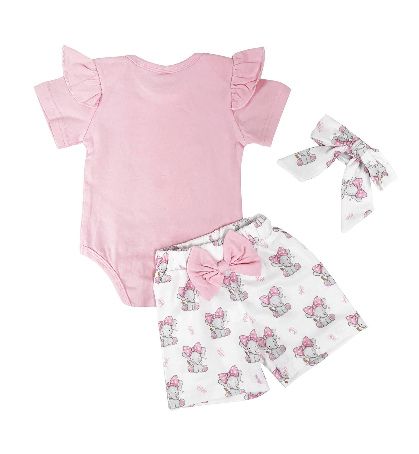 Elephant Pink Bodysuit, Shorts & Headband 3pcs Baby Girl Set