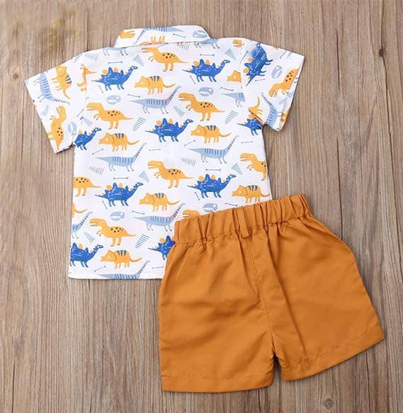 Dinosaur Print Button-Up Shirt & Camel Short 2pcs Boy Outfit