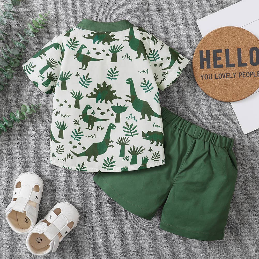 Green Dinosaur Print Henley Shirt & Shorts 2pcs Boy Outfit