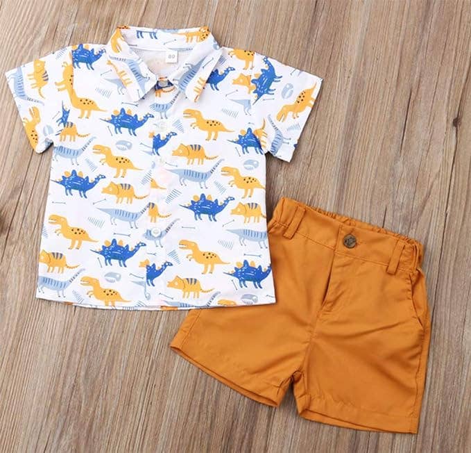 Dinosaur Print Button-Up Shirt & Camel Short 2pcs Boy Outfit