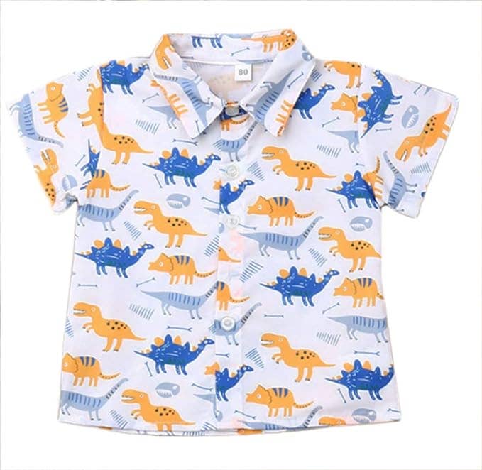 Dinosaur Print Button-Up Shirt & Camel Short 2pcs Boy Outfit