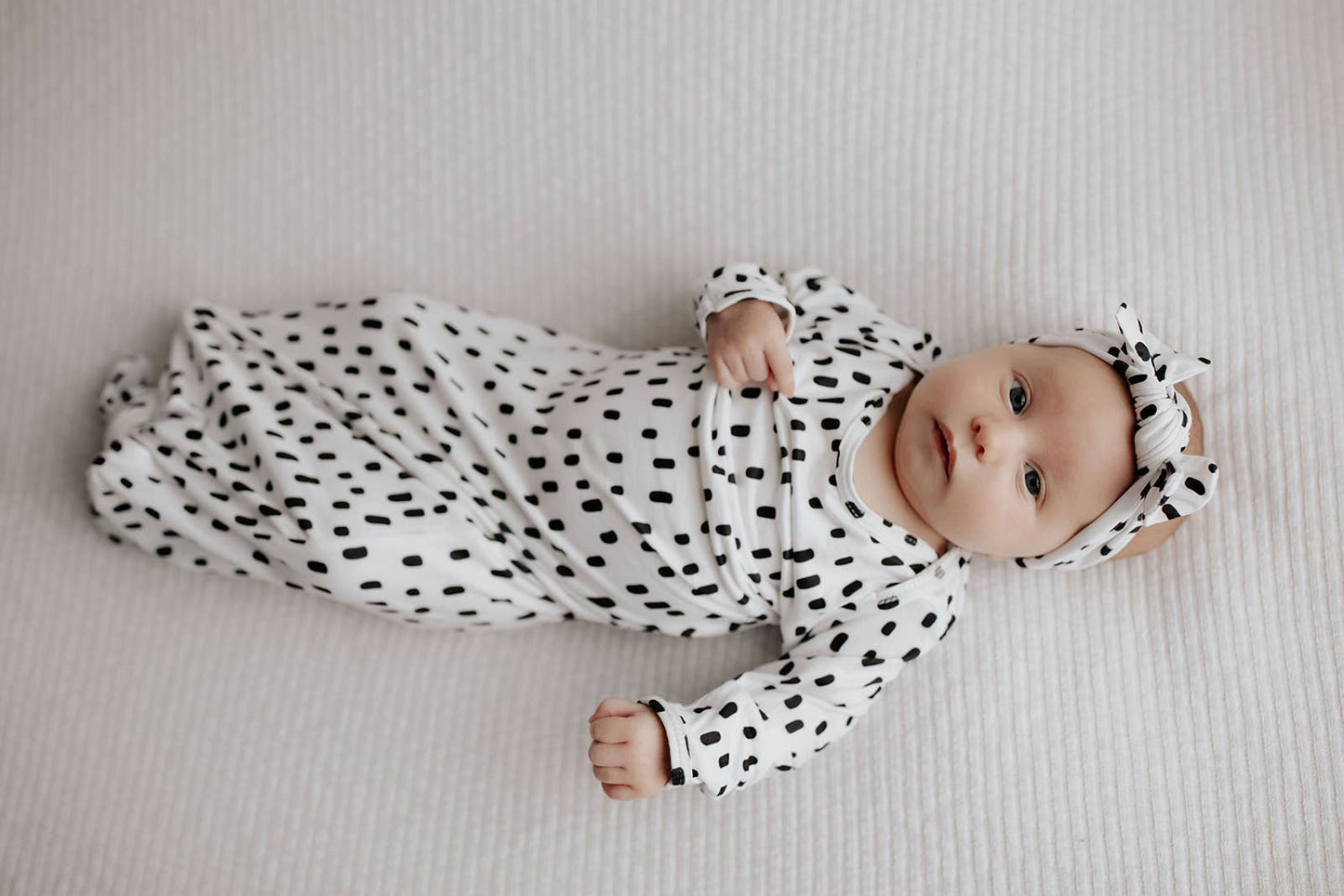 Black & White Poka Dot Knotted Gown: Gown & Hat