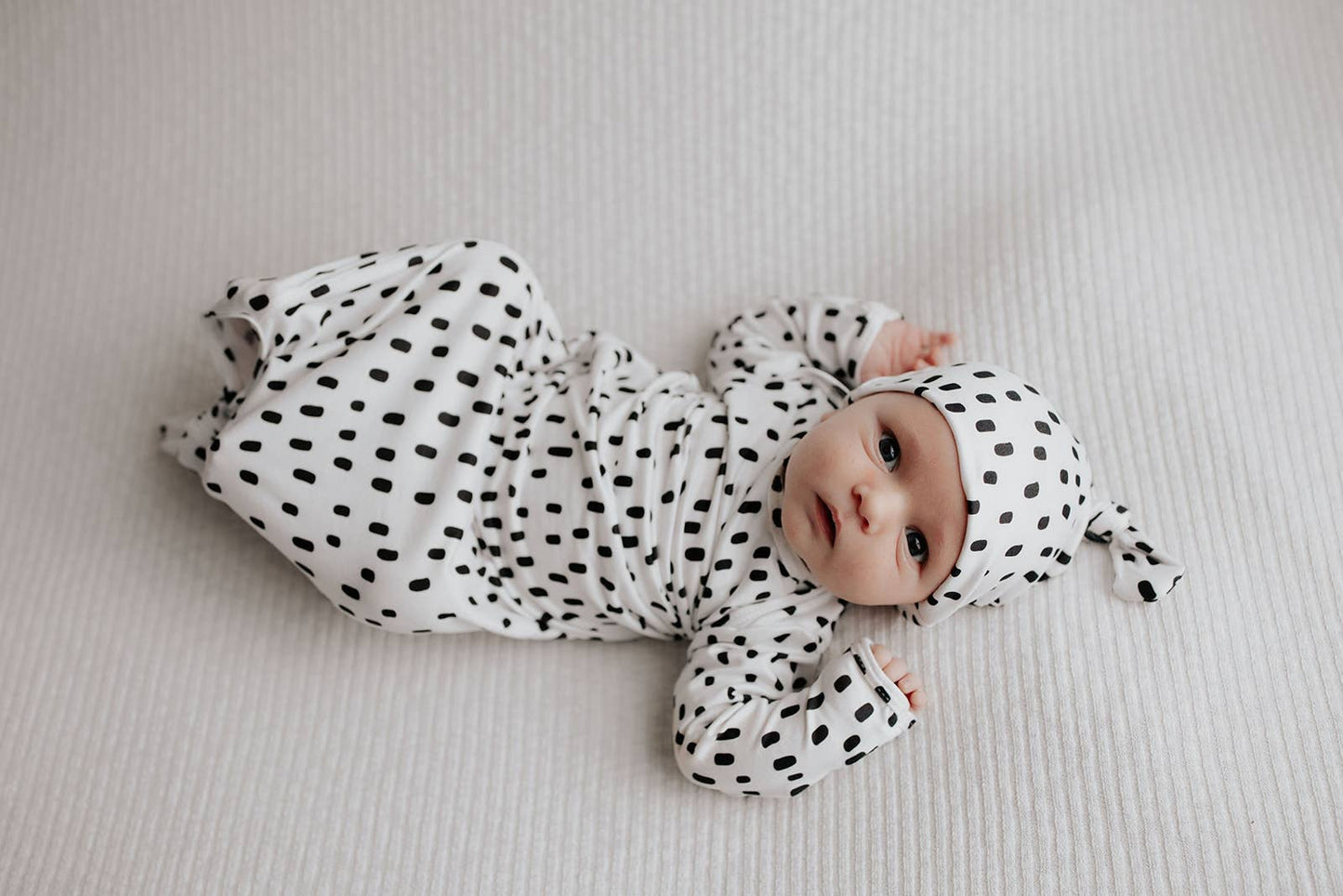 Black & White Poka Dot Knotted Gown: Gown & Hat