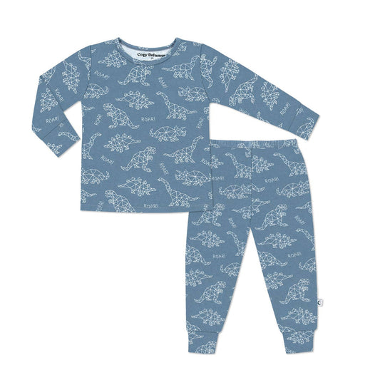 Your kids will love these dino pattern cozy bamboo set.  Blue with white pattern.