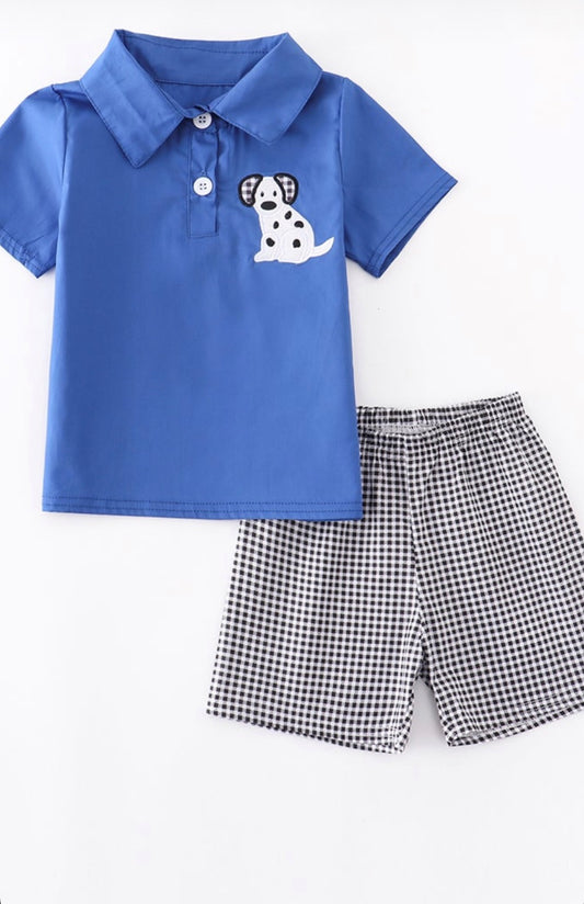 Blue Dog Embroidery Boys Short Set