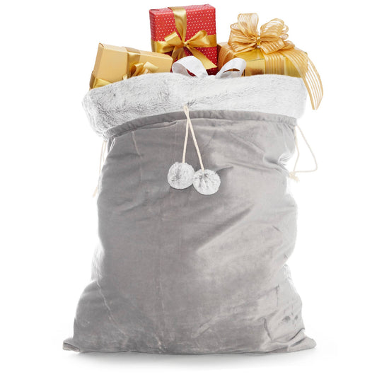 Wrapped your loved ones gifts in this beautiful gray velvety Santa sack. 