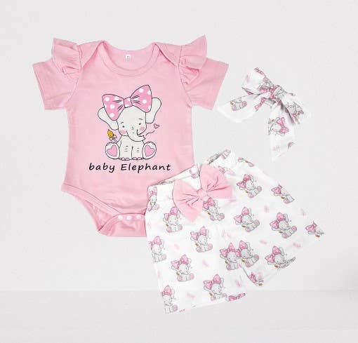 Elephant Pink Bodysuit, Shorts & Headband 3pcs Baby Girl Set