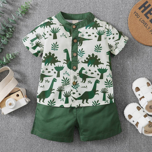 Green Dinosaur Print Henley Shirt & Shorts 2pcs Boy Outfit