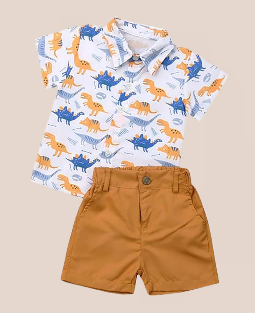 Dinosaur Print Button-Up Shirt & Camel Short 2pcs Boy Outfit