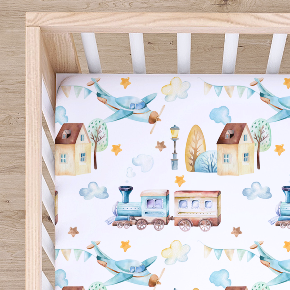 Fitted Crib Sheet - Airplane & Train