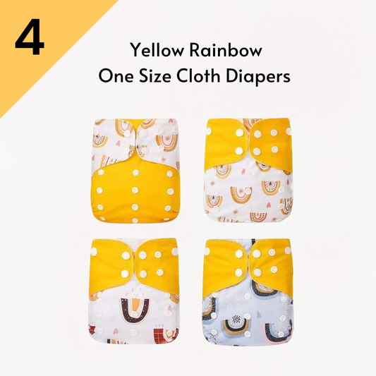 One Size Printed Snap Cloth Diaper 4-Theme Pack: Yellow Rainbow / With 8 Microfiber Inserts