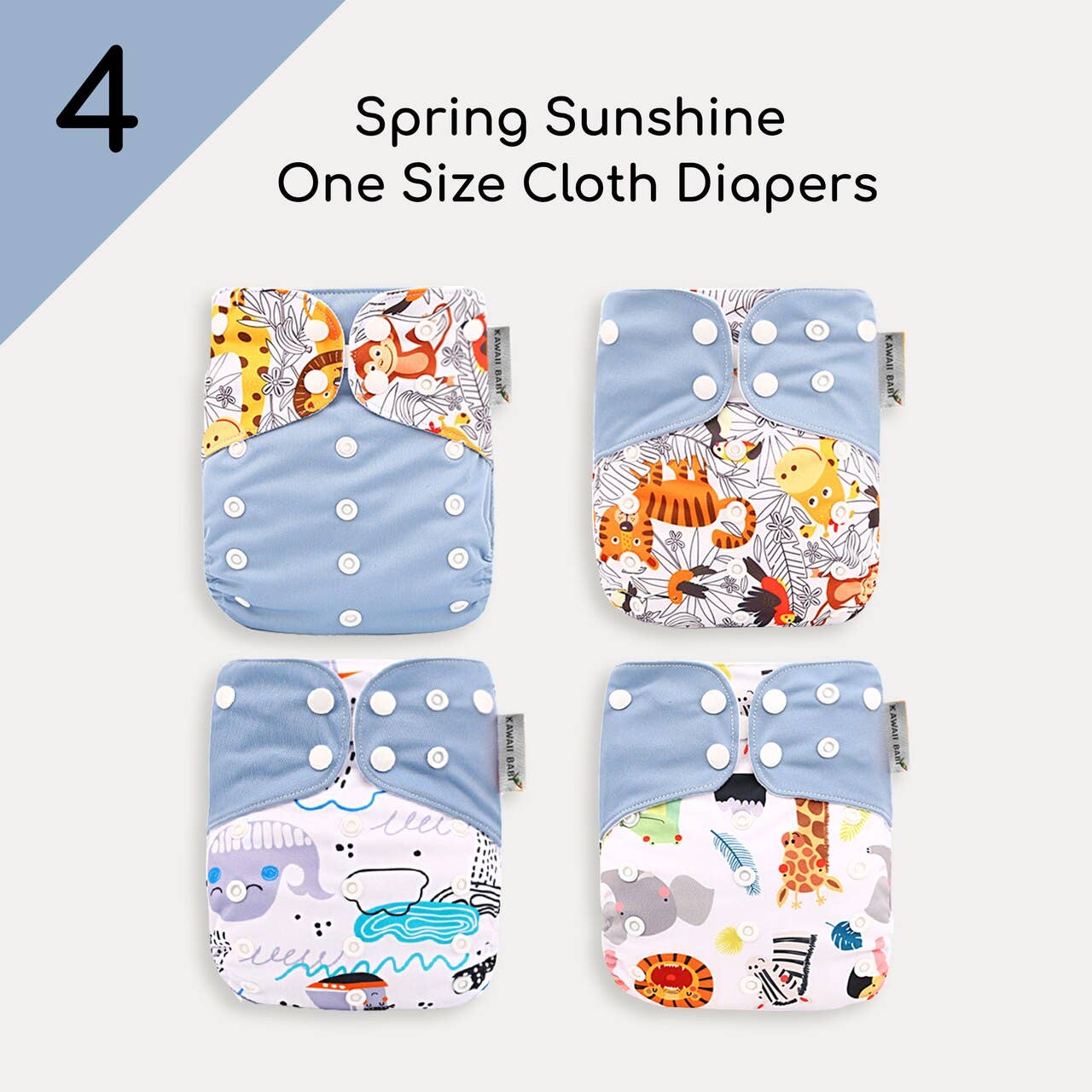 One Size Printed Snap Cloth Diaper 4-Theme Pack: Yellow Rainbow / With 8 Microfiber Inserts