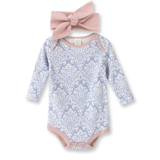 Damask Blue/Pink Bodysuit & Headband Set