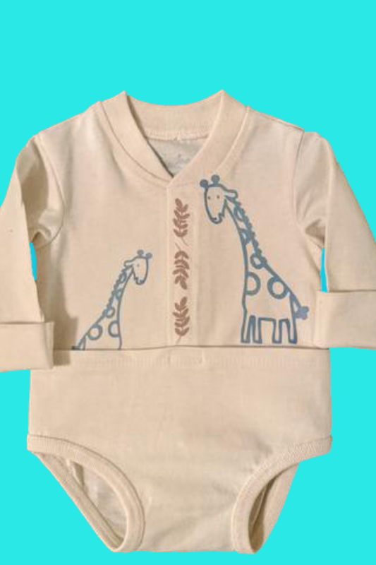 Giraffe Baby Bodysuit: 3-5lbs. Long Sleeve / Natural Organic USA Cotton / Cream