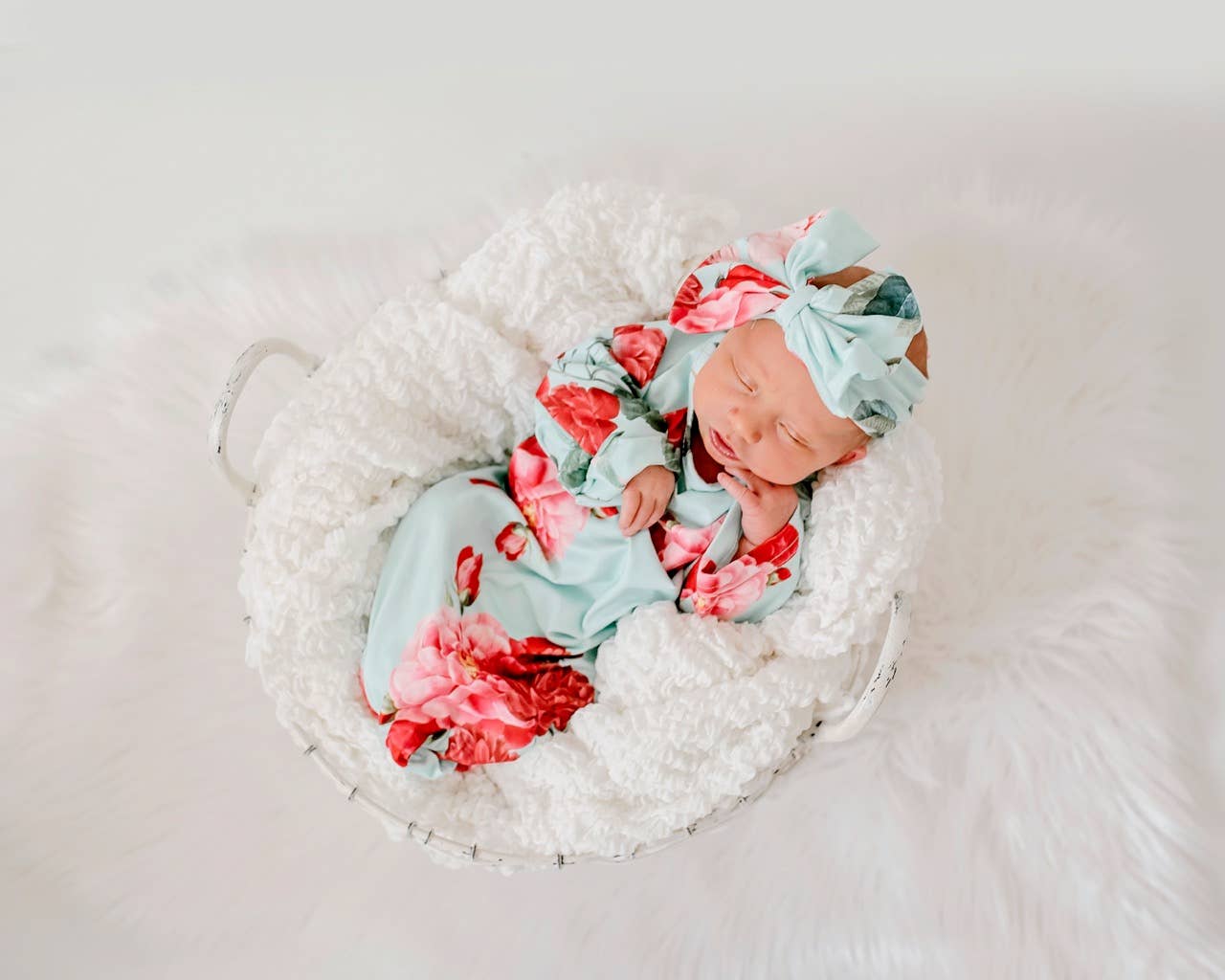 Teal Rose Baby Gown & Bow Headband