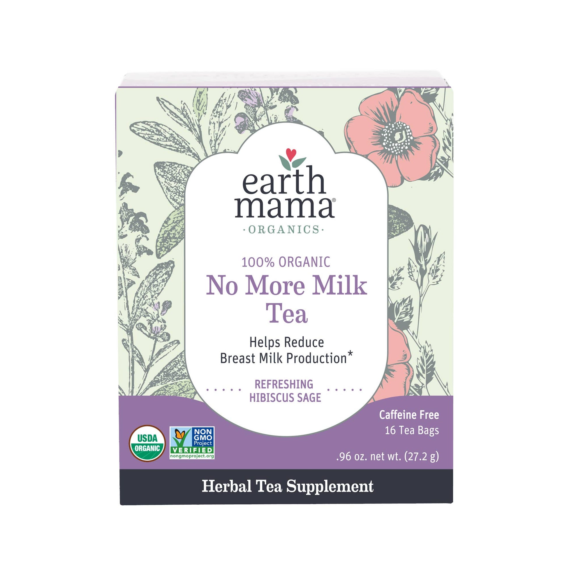 Earth Mama 100% Organic No More Milk Tea. It helps reduce breast milk production in  a refreshing hibuscus sage caffeine free 16 tea bags It is an herbal tea supplement.