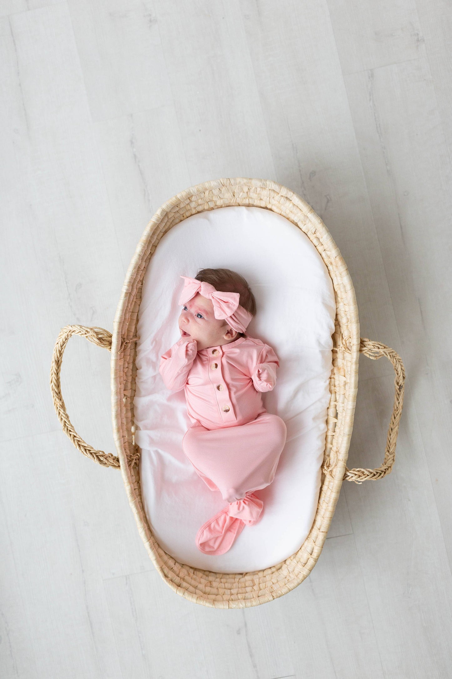 Pink Knotted Baby Gown, Hat & Headband Set
