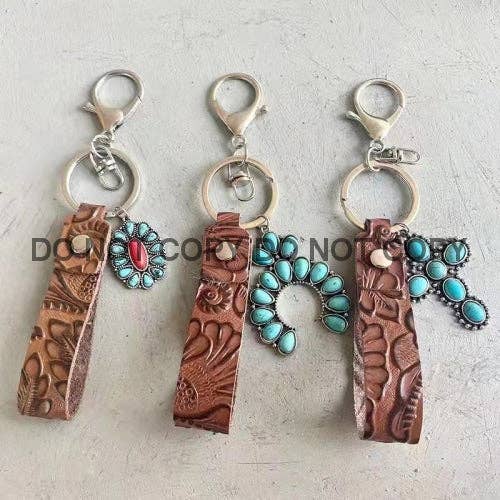 Genuine Leather Western Loop Keychain with Turquoise Stones