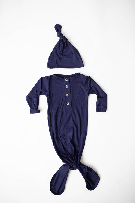 Navy Blue Knotted Baby Gown and Hat Set